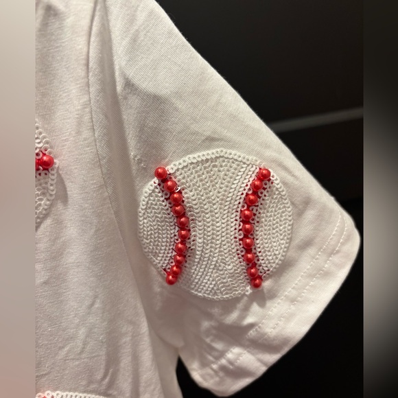 Queen Of Sparkles Scattered Baseball Tee Shirt Top Sequin Ball Sports White - Picture 8 of 11